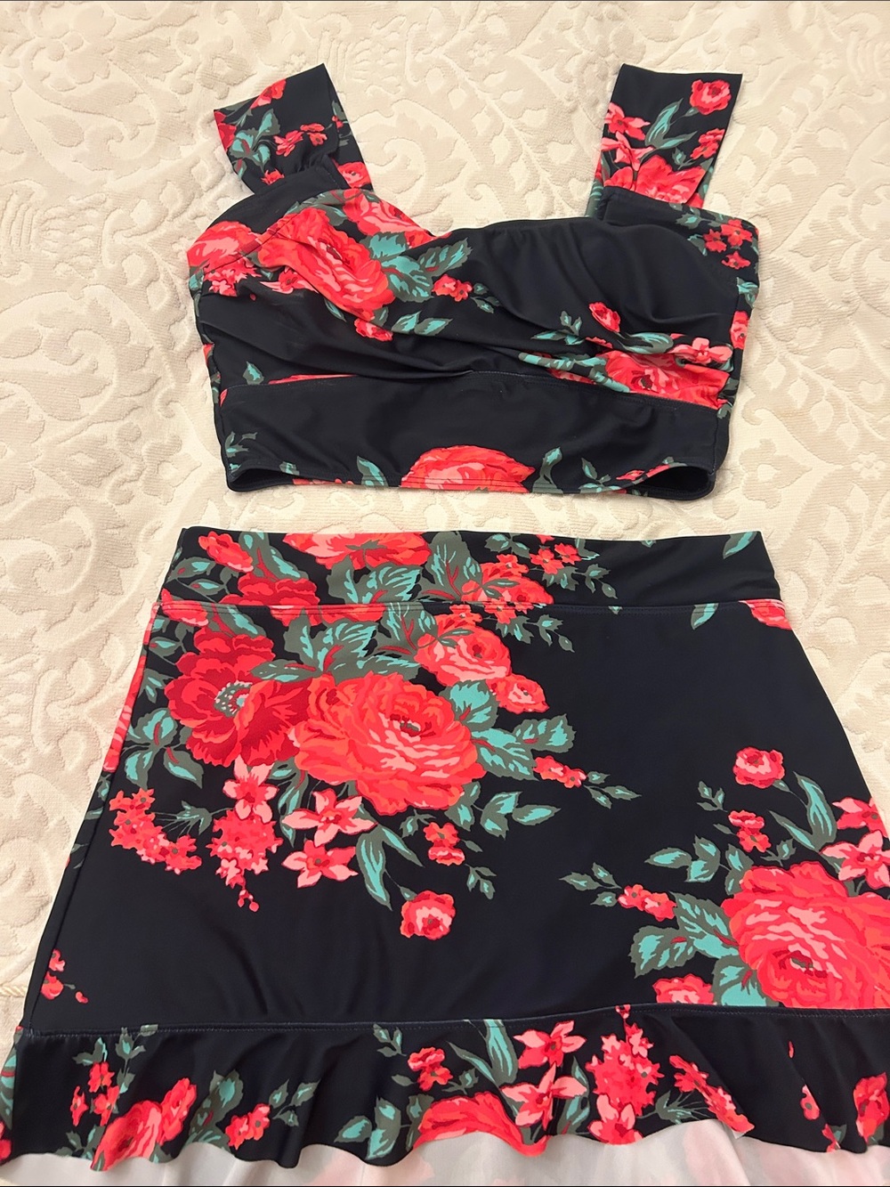 Albion Black Swim Skirt Set with Red Floral Antigua Print M/L